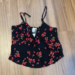NWT Cherry Print Black Ruffle Junior’s Blouse